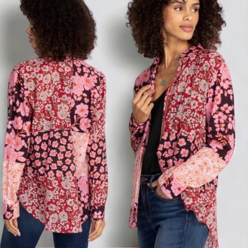 JOHNNY WAS Flora Mix Print Button-Up Cotton Shirt